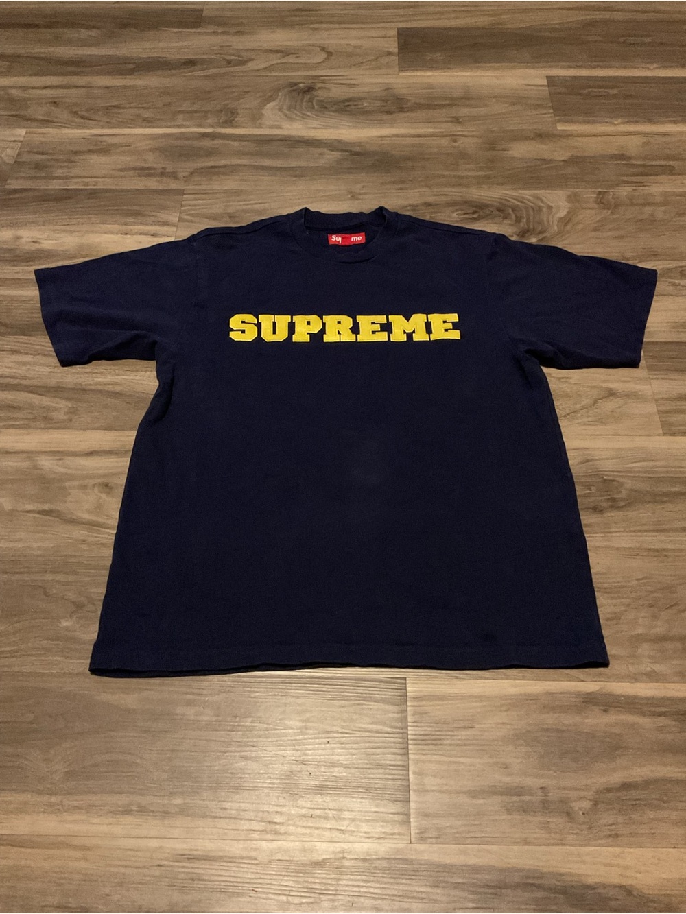 Supreme Navy Short Sleeve Tee with Yellow Chest Logo - Picture 2 of 6